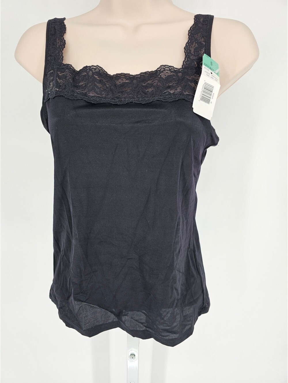 Vintage 1990s Vassarette Womens Sz S Black Nylon Pajama Top w/ Lace Trim NEW